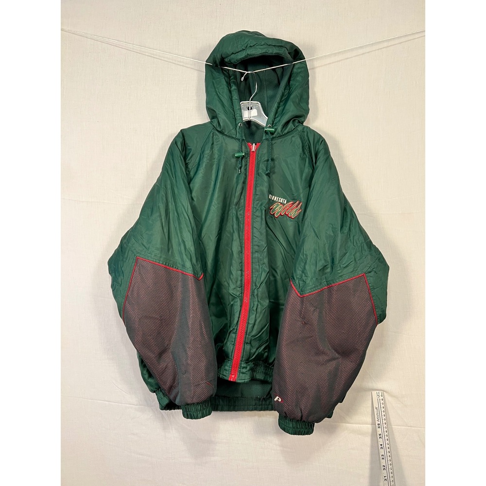 Vintage Pro Player Minnesota Wild NHL Hooded Puffer Jacket Green Red Mens XL